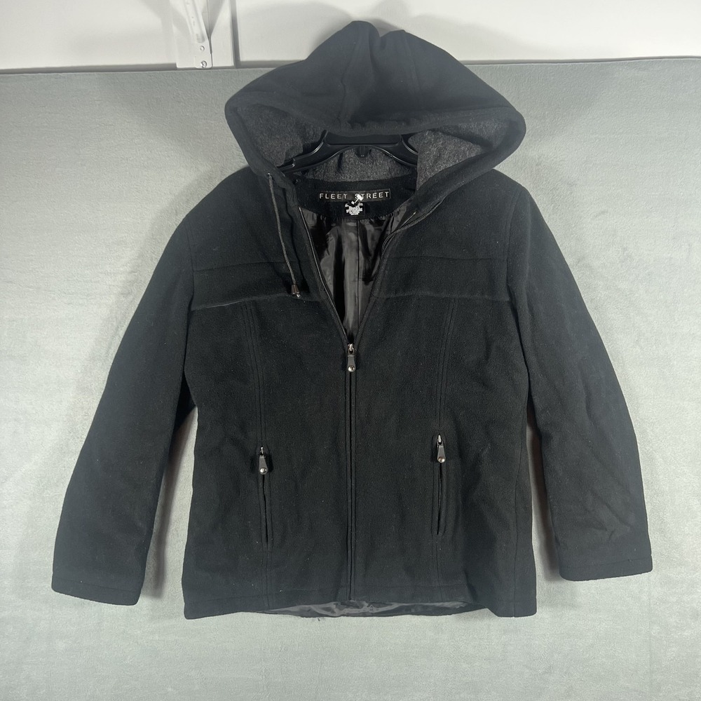 Fleet Street Women's Black 100% Wool Hooded Full Zip Jacket Coat Size M